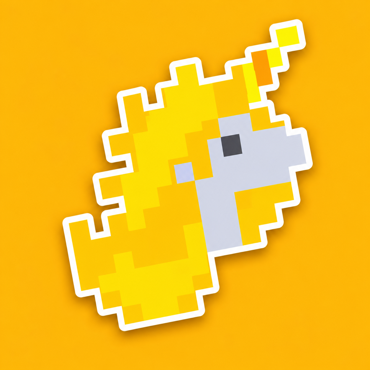 Yellow pixel unicorn with a silver face and white stepped outline